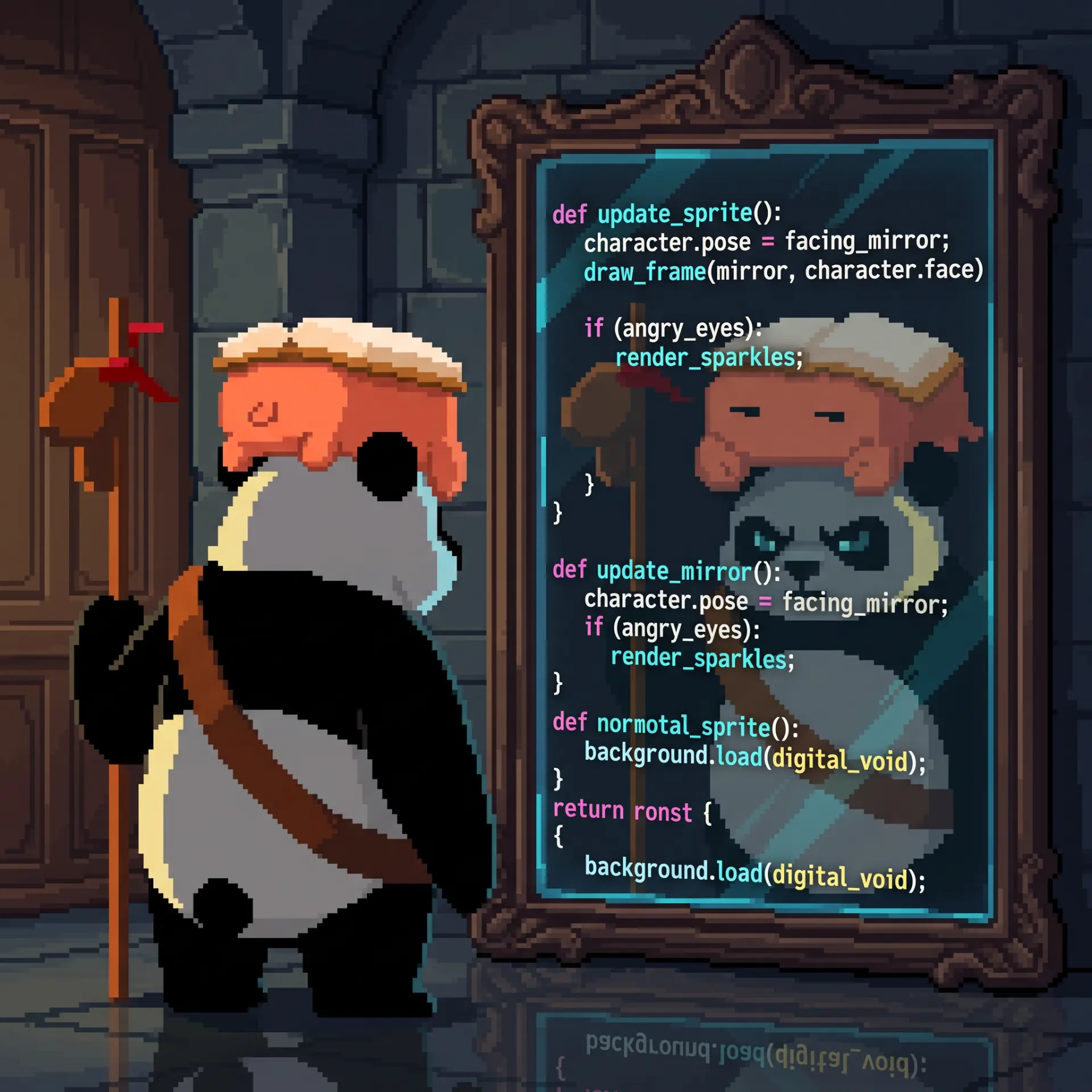 Kung Klaude panda studying its own source code in a mirror